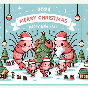 Cute Anthropomorphic Shrimp Family Christmas Greeting Card 2024