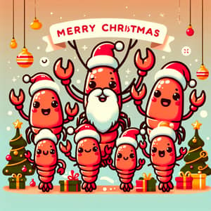 Merry Christmas & Happy New Year Card with Anthropomorphic Shrimp Family