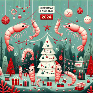 Charming Christmas & New Year 2024 Greeting Card with Anthropomorphic Shrimp Family