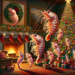 Anthropomorphic Shrimp Family Celebrates Christmas | Festive Scene