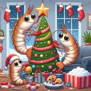 Anthropomorphic Shrimp Family Celebrating Christmas | Festive Cartoon