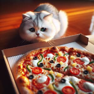 Cute Cat with Green Eyes and Pizza on a Wooden Floor