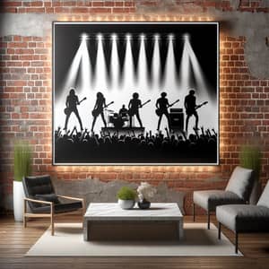 Loft-Style Room with Exposed Brick Walls and Illuminated Rock Band Art Piece