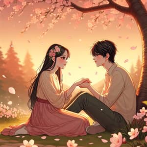 Romantic Asian Couple Under Cherry Blossom Tree