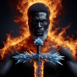 Black Man with Fire Aura Holding Ice Sword
