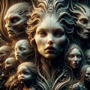 Ultra-Realistic Photographic Scene with Human-like Goddess and Alien Mother