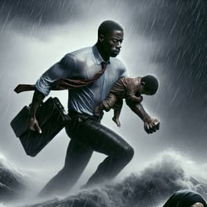 Resilient Black Man Battling Harsh Storm with Professional Aspirations