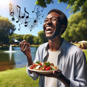Joyful Black Man Laughing in the Park with Delicious Food and Music Notes