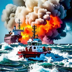 Maritime Rescue: Red & White Tugboat Battles Blaze at Sea