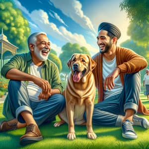 Joyful Men with Loyal Canine in Lush Park