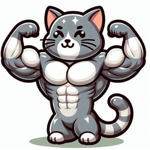 Muscular Cartoon Cat Flexing Biceps | Grey & White Fur