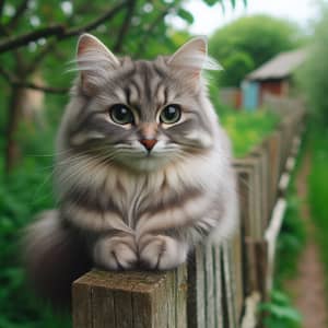Beautiful Grey Striped Cat Sitting Peacefully on a Fence