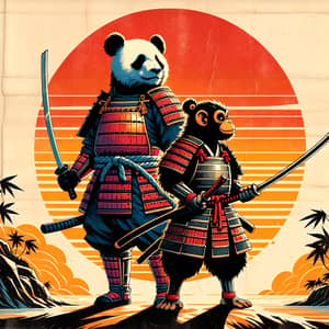 Samurai Panda and Monkey Illustration in Sunset Landscape