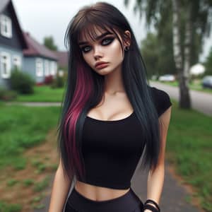 Gothic Teen Girl with Striking Style in Suburban Setting