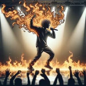 Fiery Rap Concert: Curly-Haired Performer on Stage