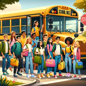 Diverse Group of Students Boarding Yellow School Bus