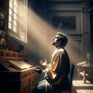 Hispanic Man in 16th Century Study Awed by Ethereal Light