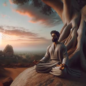 Stoic Serenity: South Asian Male Meditating Under Ancient Tree