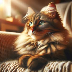 Majestic Cat with Fluffy Coat and Emerald Eyes | Comfortable Home Scene