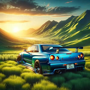 Mesmerizing Back View of Blue Sports Car in Nature | Sunset Glow