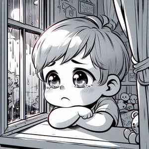Sad Child Looking Out the Window Cartoon