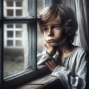 Poignant Scene of A Sad Child Looking Out the Window