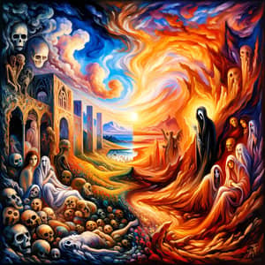 Death and Life: Symbolic Oil Painting in Bold Colors