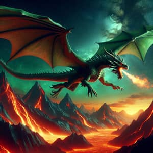 Majestic Emerald Dragon Soaring Over Glowing Lava Mountains
