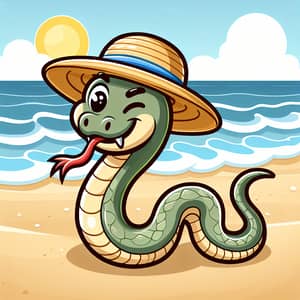 Humorous Snake in Silly Hat on Sandy Beach