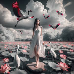 18-Year-Old Chinese Girl on Stone | Red-Crowned Crane, Lotus & More