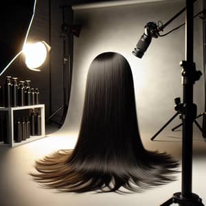 Silky Black Hair Wig in Studio Setting