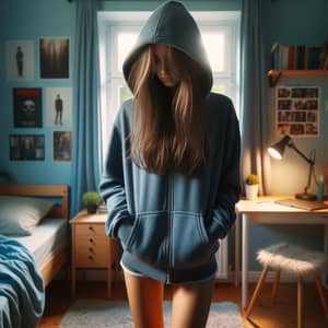 Teenage Girl in Unzipped Hoodie Standing in Cozy Room