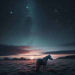 Solitary Horse in Field at Night Looking Up at Starry Sky