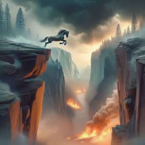 Dramatic Horse Soaring Over Rocky Chasm | Forest Fire Scene