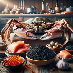 Delicious Caviar, Snow Crab and Salmon Dishes on Wooden Table