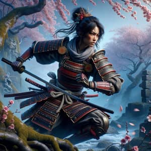 Japanese Celtic Female Warrior in Samurai Armor and Celtic Symbols