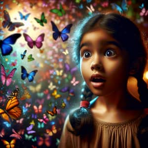 Emotional South Asian Girl Surrounded by Colorful Butterflies