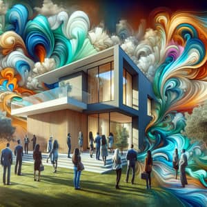 Diverse Individuals Explore Modern House with Abstract Twist