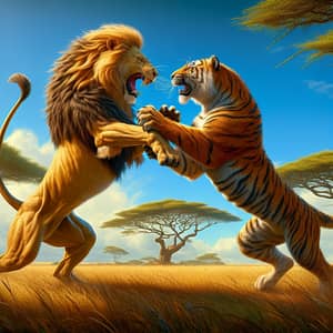 Lion vs Tiger Playful Encounter in Grassy Savannah