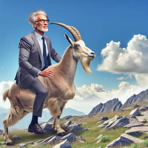 Excited Older Man Riding Mountain Goat - Adventure Scene