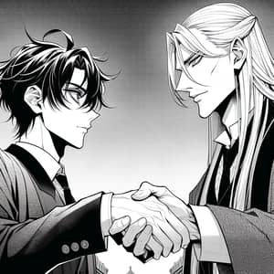 Japanese Manga Style Handshake Scene with Distinctive Characters