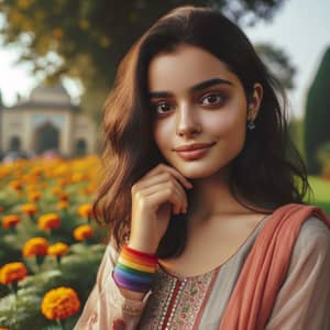 South Asian Woman in Traditional Attire Amid Marigold Garden