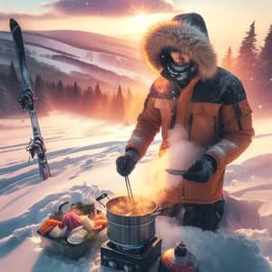 Mountain Cooking: East Asian Man Prepares Food in Winter Setting