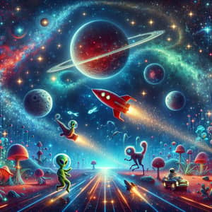 Surreal Cosmic Playground with Rocket Ship and Aliens