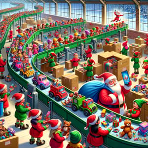 North Pole Elves Conveyor Belt Illustration | Christmas Toy Workshop