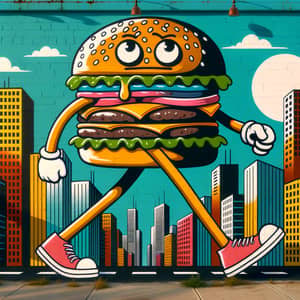 Colorful Urban Mural: Cartoon Hamburger Striding Giant City