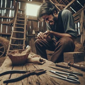 Historic South Asian Worker Painfully Cuts Finger in Rustic Barn