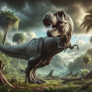 Fierce Tyrannosaurus Rex Roaring in Prehistoric Landscape