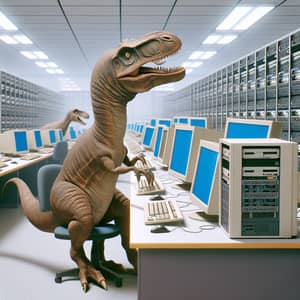 Dinosaur Using Computer in Computer-Filled Room
