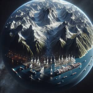 3D Earth Rendering with Majestic Mountain Range and Busy Port View